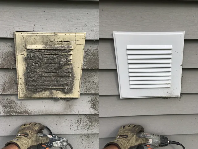 Bethel Dryer Vent Cleaning technician installing high-quality dryer vent cover at a residential property in Bethel