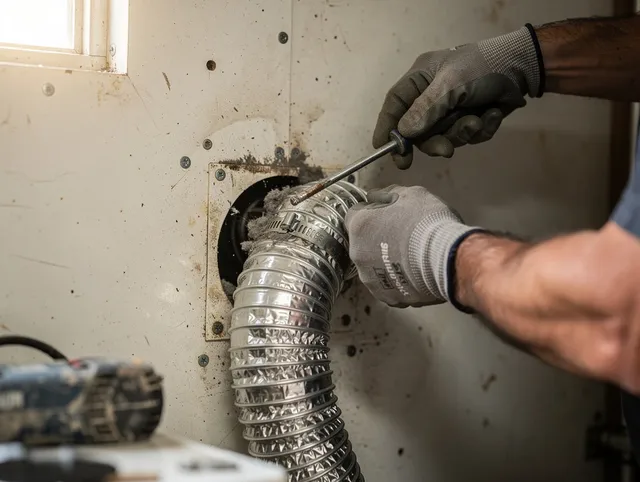 Bethel Dryer Vent Cleaning technician performing precise dryer vent hose installation in Bethel